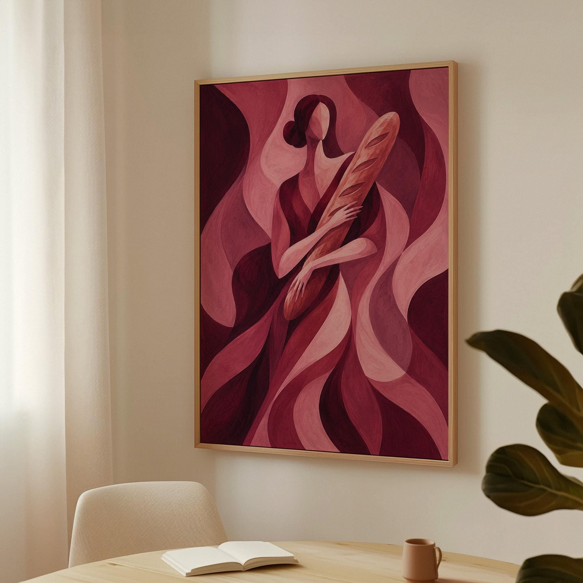 Woman holding baguette in burgundy deco style, canvas print shown in a sunlit, contemporary room