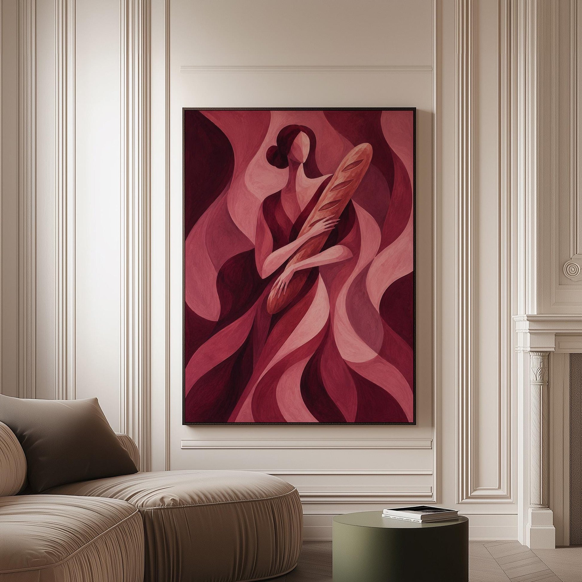 Woman holding baguette in burgundy deco style, canvas print on a softly lit wall in a calm interior