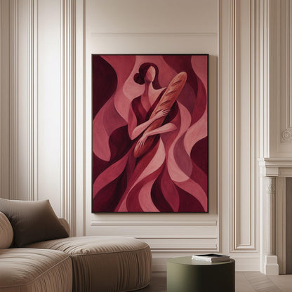 Woman holding baguette in burgundy deco style, canvas print on a softly lit wall in a calm interior