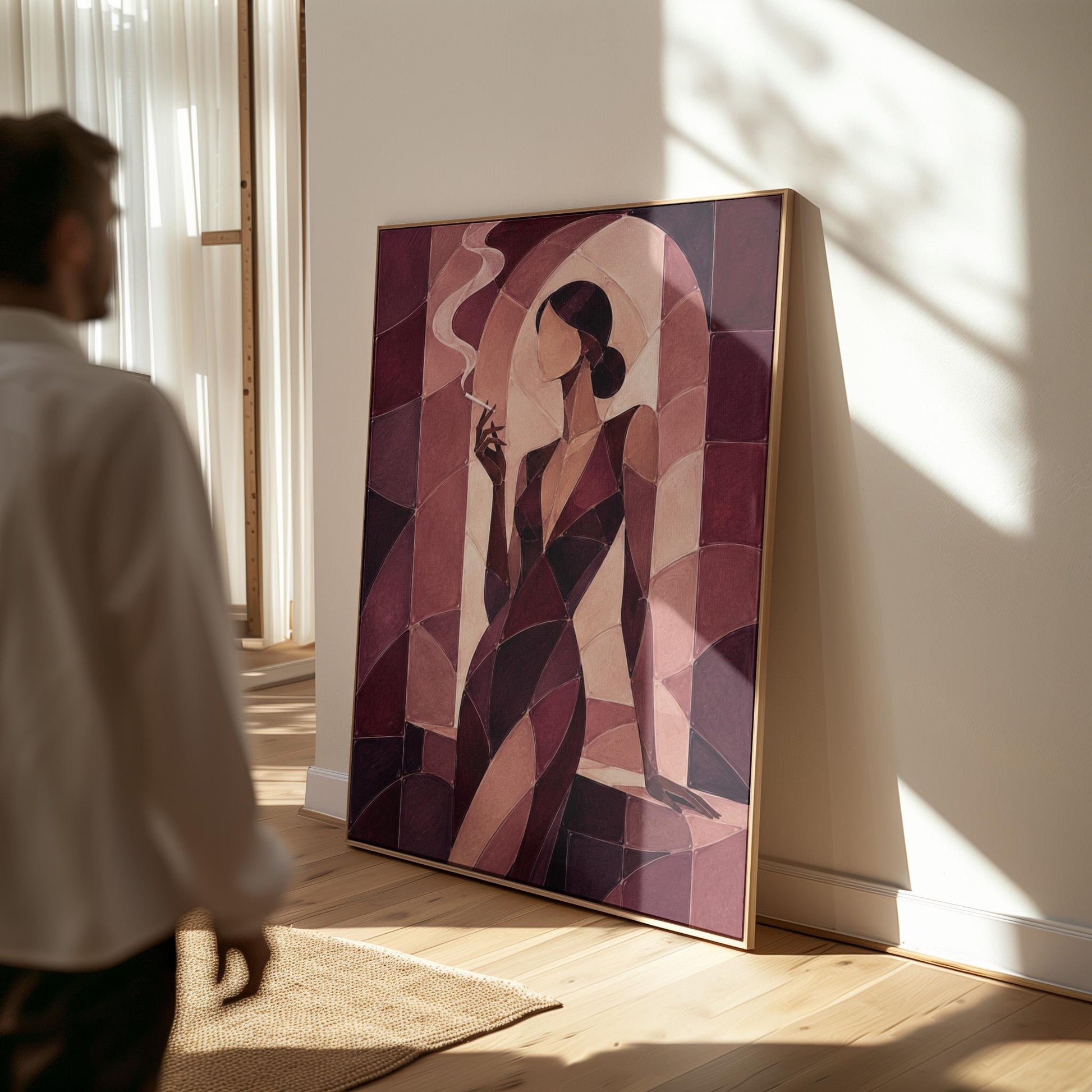 Woman smoking in cubist burgundy noir style, canvas print on a quiet wall in a considered interior