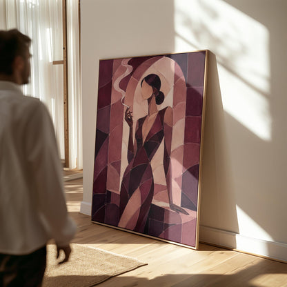 Woman smoking in cubist burgundy noir style, canvas print on a quiet wall in a considered interior