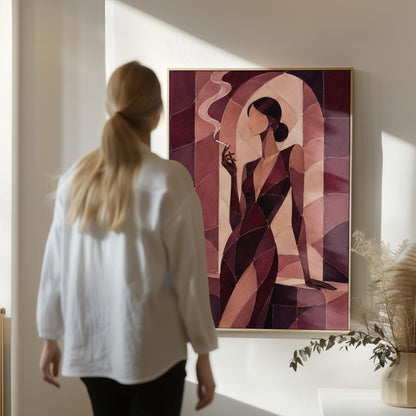 Woman smoking in cubist burgundy noir style, canvas print displayed on a neutral wall in a styled interior