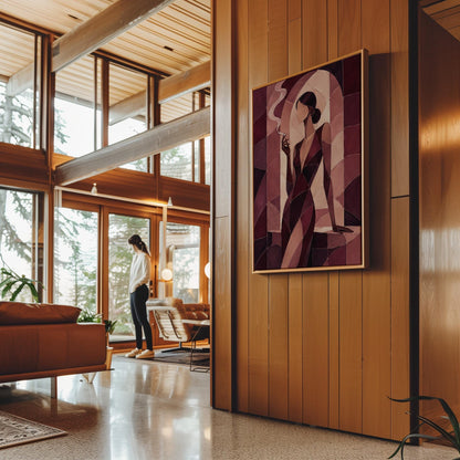 Woman smoking in cubist burgundy noir style, canvas wall art hanging in a calm, modern living space