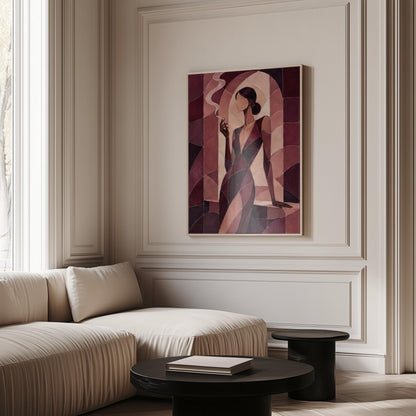 Woman smoking in cubist burgundy noir style, canvas wall art styled against a soft white wall