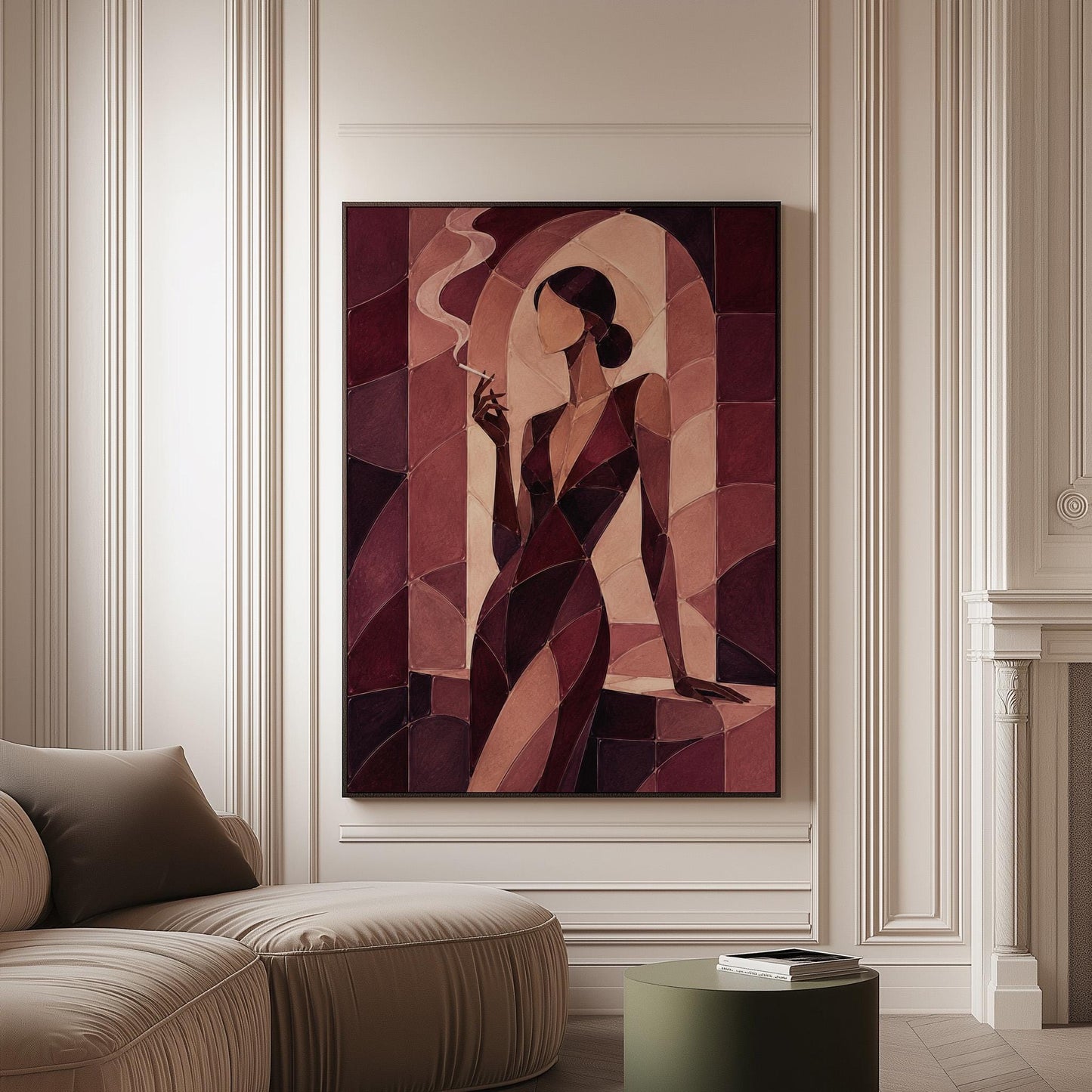 Woman smoking in cubist burgundy noir style, canvas print on a softly lit wall in a calm interior