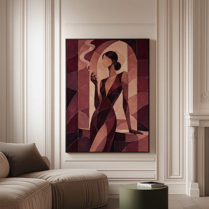 Woman smoking in cubist burgundy noir style, canvas print on a softly lit wall in a calm interior