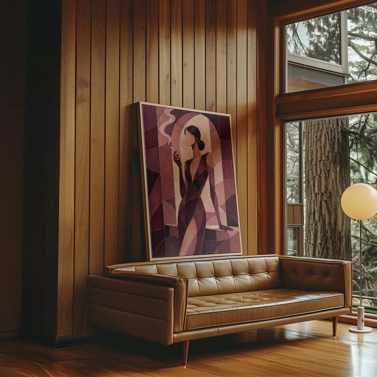 Woman smoking in cubist burgundy noir style, canvas wall art presented in a light, minimal room