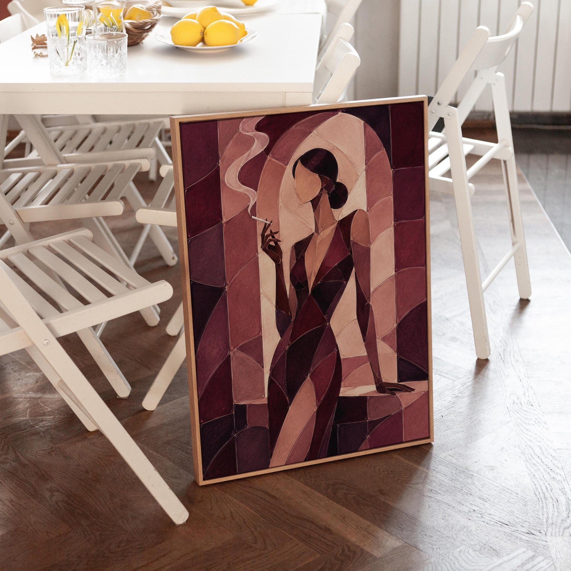 Woman smoking in cubist burgundy noir style, canvas wall art on a quiet wall in a considered interior