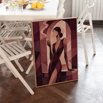 Woman smoking in cubist burgundy noir style, canvas wall art on a quiet wall in a considered interior