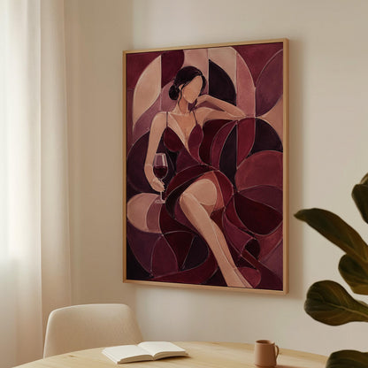 Woman lounging with wine glass in burgundy deco, canvas print presented in a light, minimal room