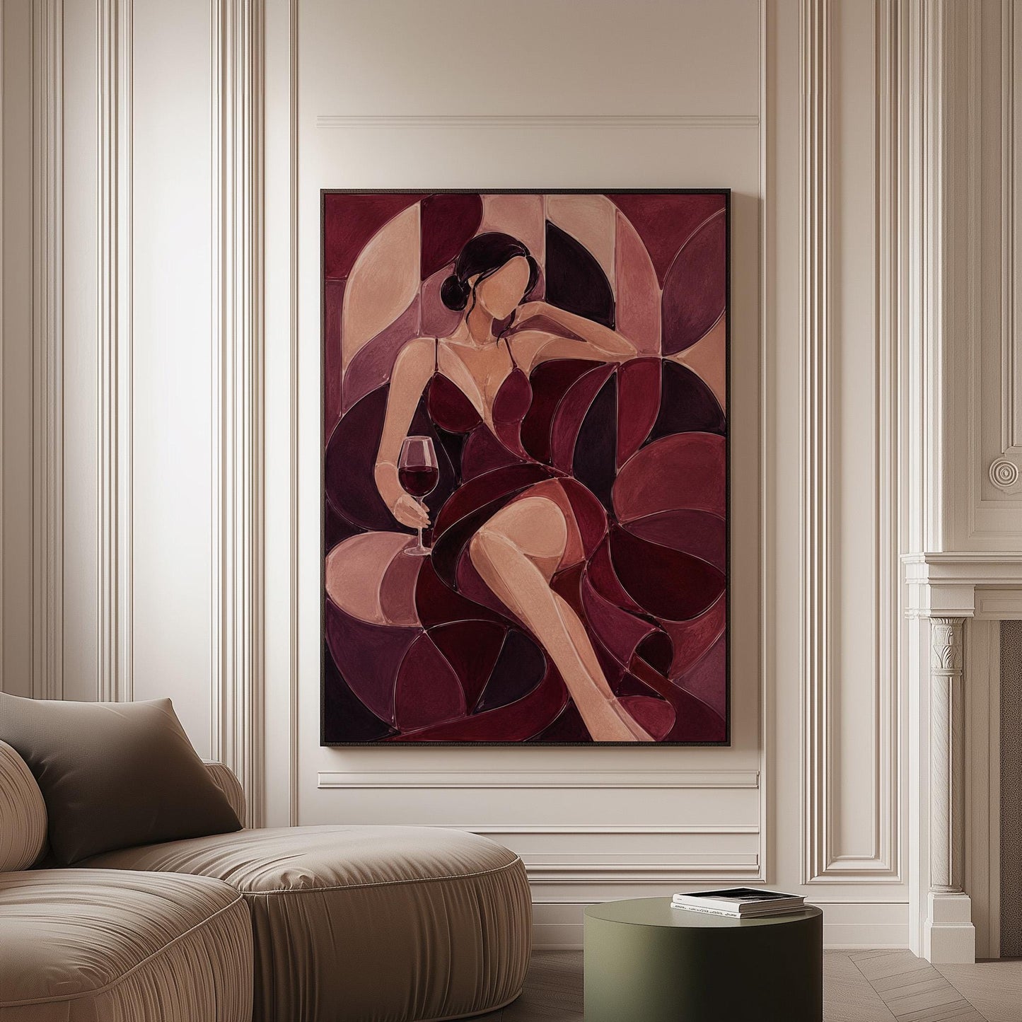 Woman lounging with wine glass in burgundy deco, canvas print on a softly lit wall in a calm interior