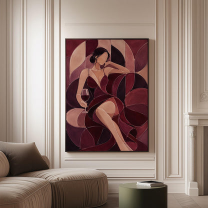 Woman lounging with wine glass in burgundy deco, canvas print on a softly lit wall in a calm interior