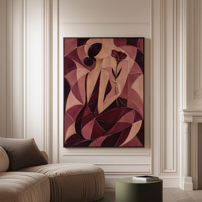 Woman holding poppies in cubist burgundy and cream, canvas print on a softly lit wall in a calm interior