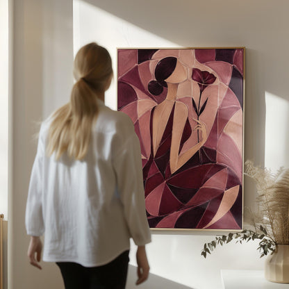 Woman holding poppies in cubist burgundy and cream, canvas print presented in a light, minimal room