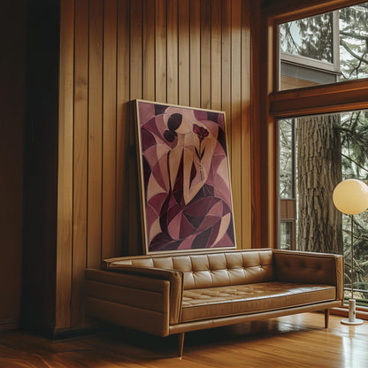 Woman holding poppies in cubist burgundy and cream, canvas print shown to scale in a furnished room