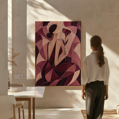 Woman holding poppies in cubist burgundy and cream, canvas wall art styled against a soft white wall