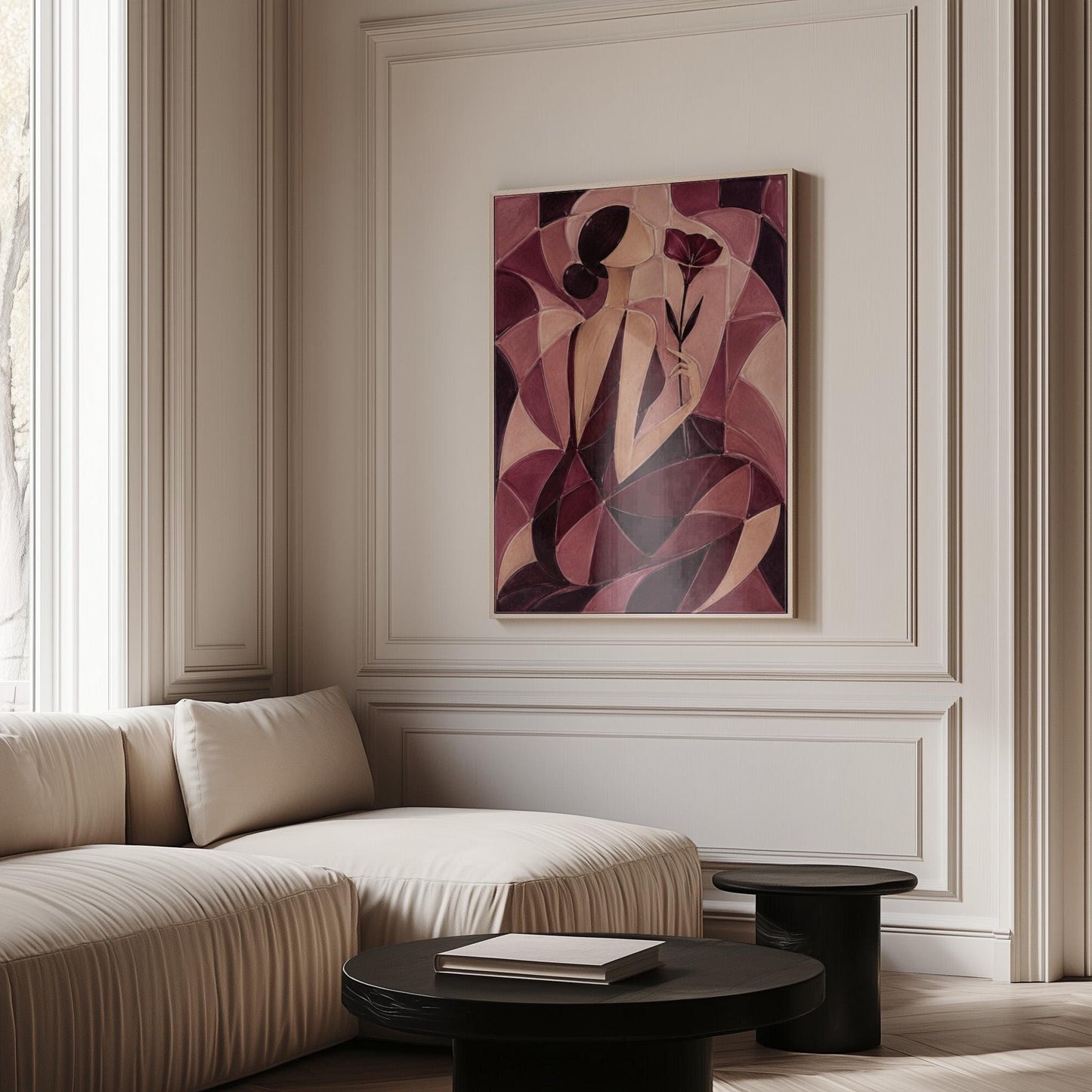 Woman holding poppies in cubist burgundy and cream, canvas wall art seen in a warm interior with natural light