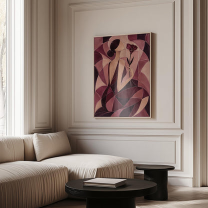 Woman holding poppies in cubist burgundy and cream, canvas wall art seen in a warm interior with natural light