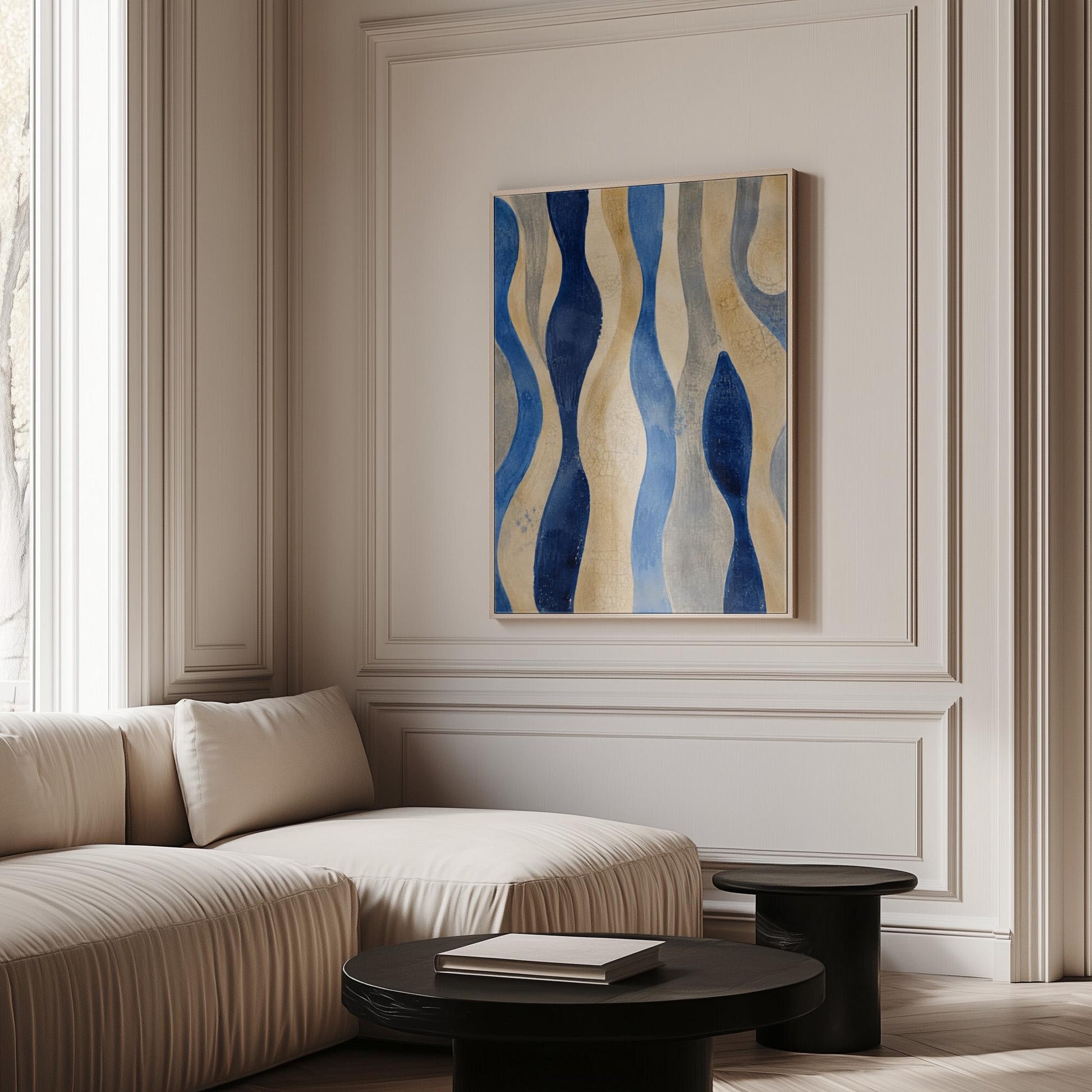 Vertical flowing wave bands in indigo and cream, canvas print styled against a soft white wall