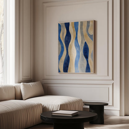 Vertical flowing wave bands in indigo and cream, canvas print styled against a soft white wall