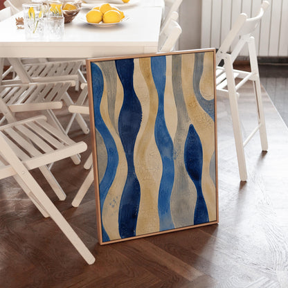Vertical flowing wave bands in indigo and cream, canvas print displayed on a neutral wall in a styled interior