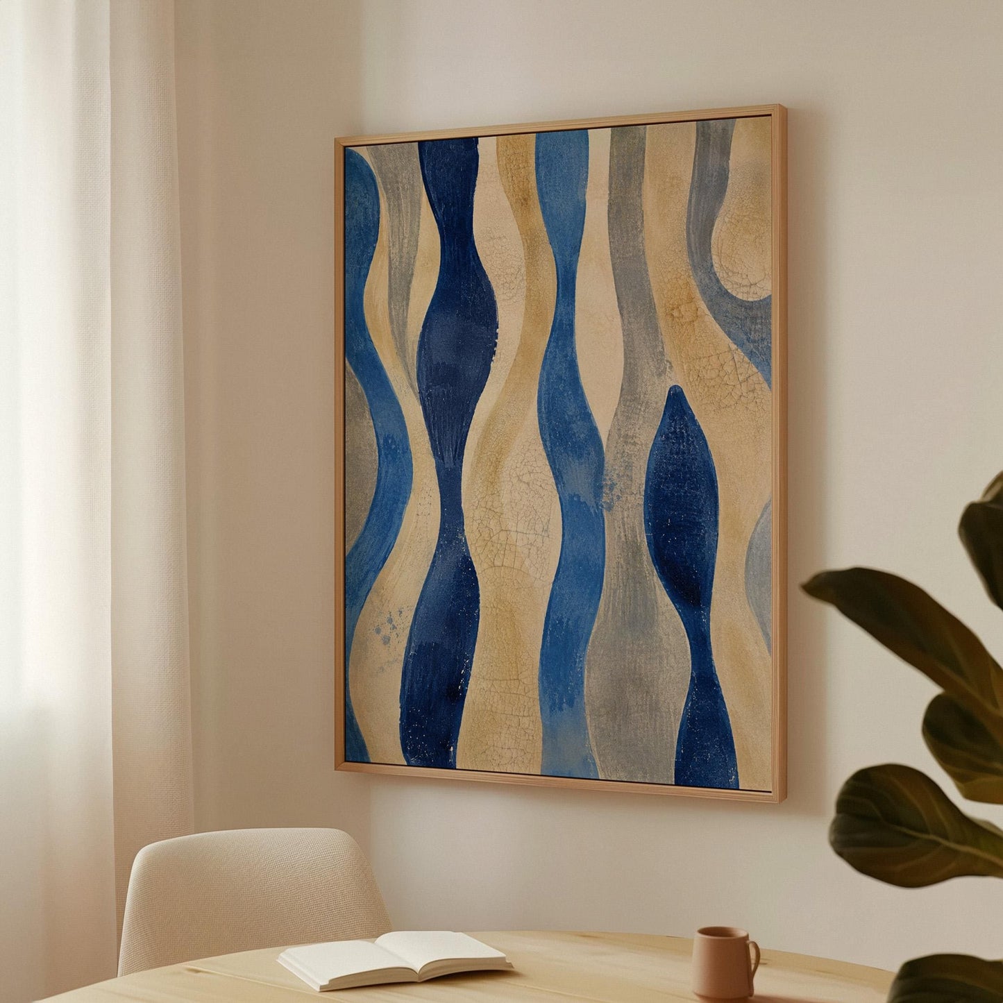 Vertical flowing wave bands in indigo and cream, canvas print shown in a sunlit, contemporary room