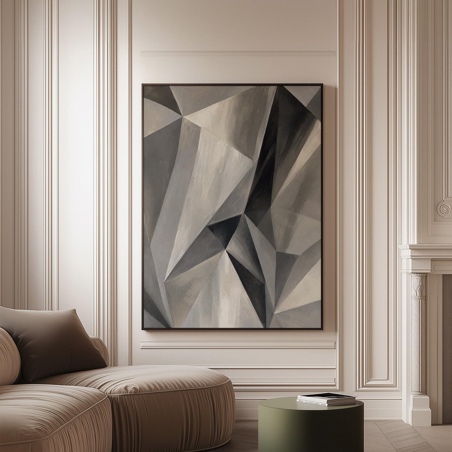 Angular graphite planes with sharp light play, canvas print on a softly lit wall in a calm interior