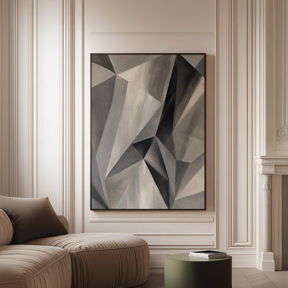 Angular graphite planes with sharp light play, canvas print on a softly lit wall in a calm interior