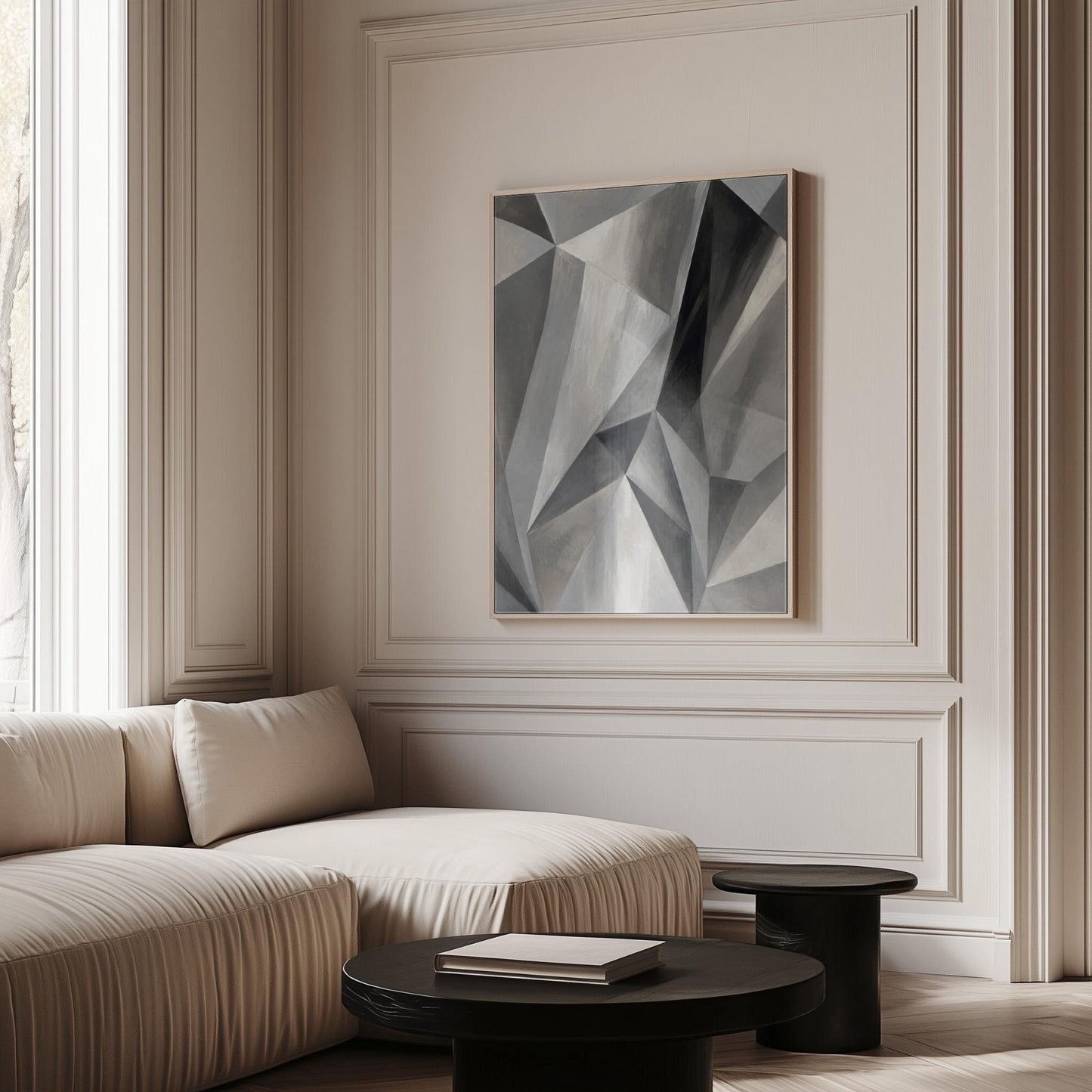 Angular graphite planes with sharp light play, canvas print displayed on a neutral wall in a styled interior