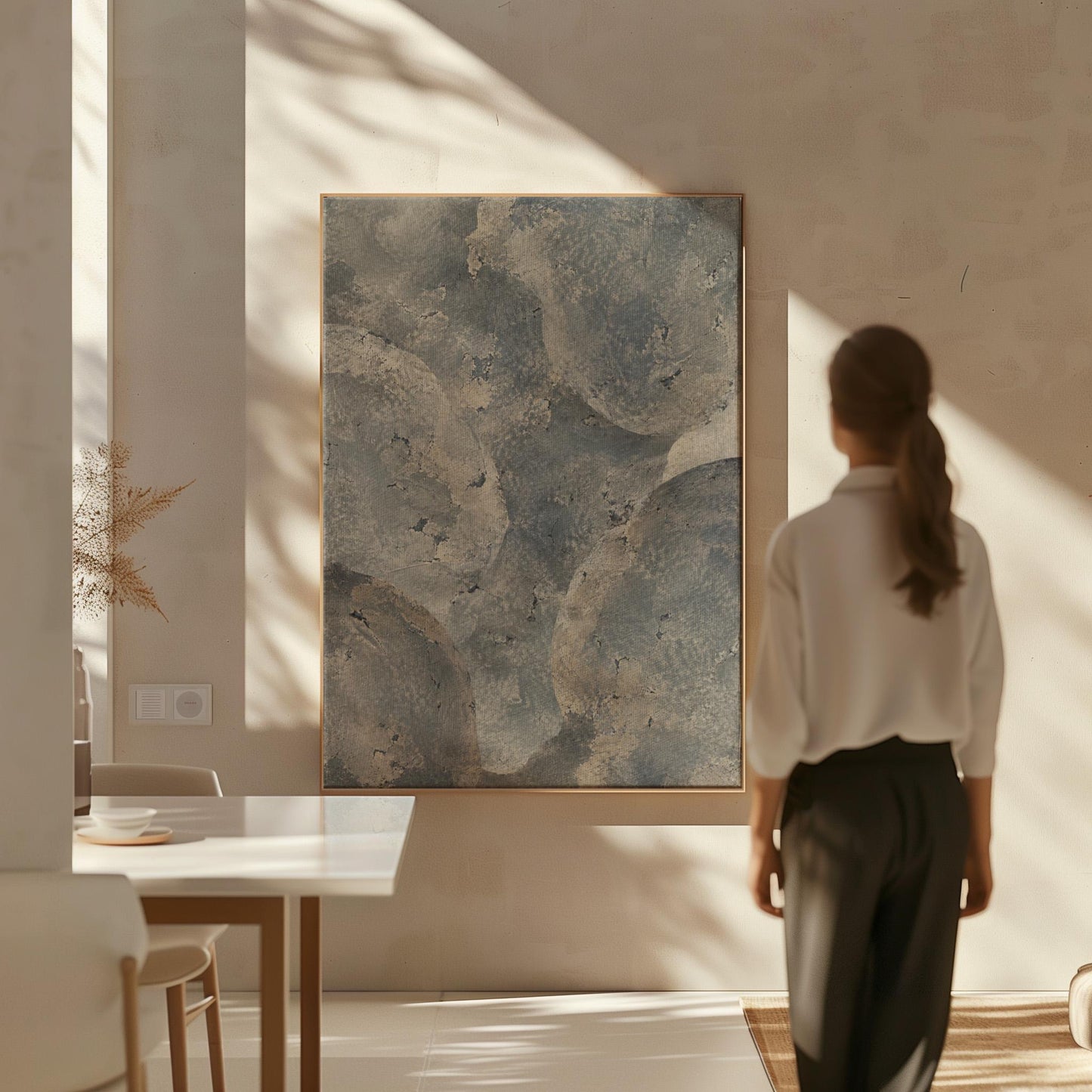Layered misty gray cloud forms, canvas print styled against a soft white wall