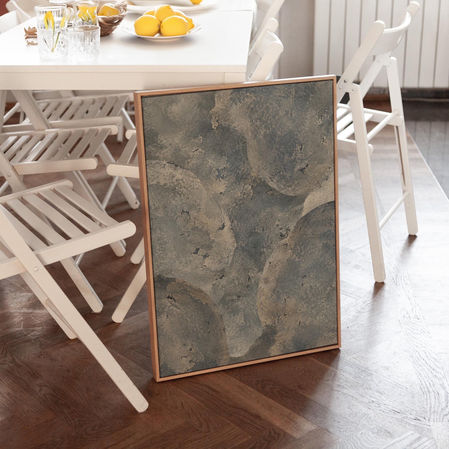 Layered misty gray cloud forms, canvas print shown to scale in a furnished room