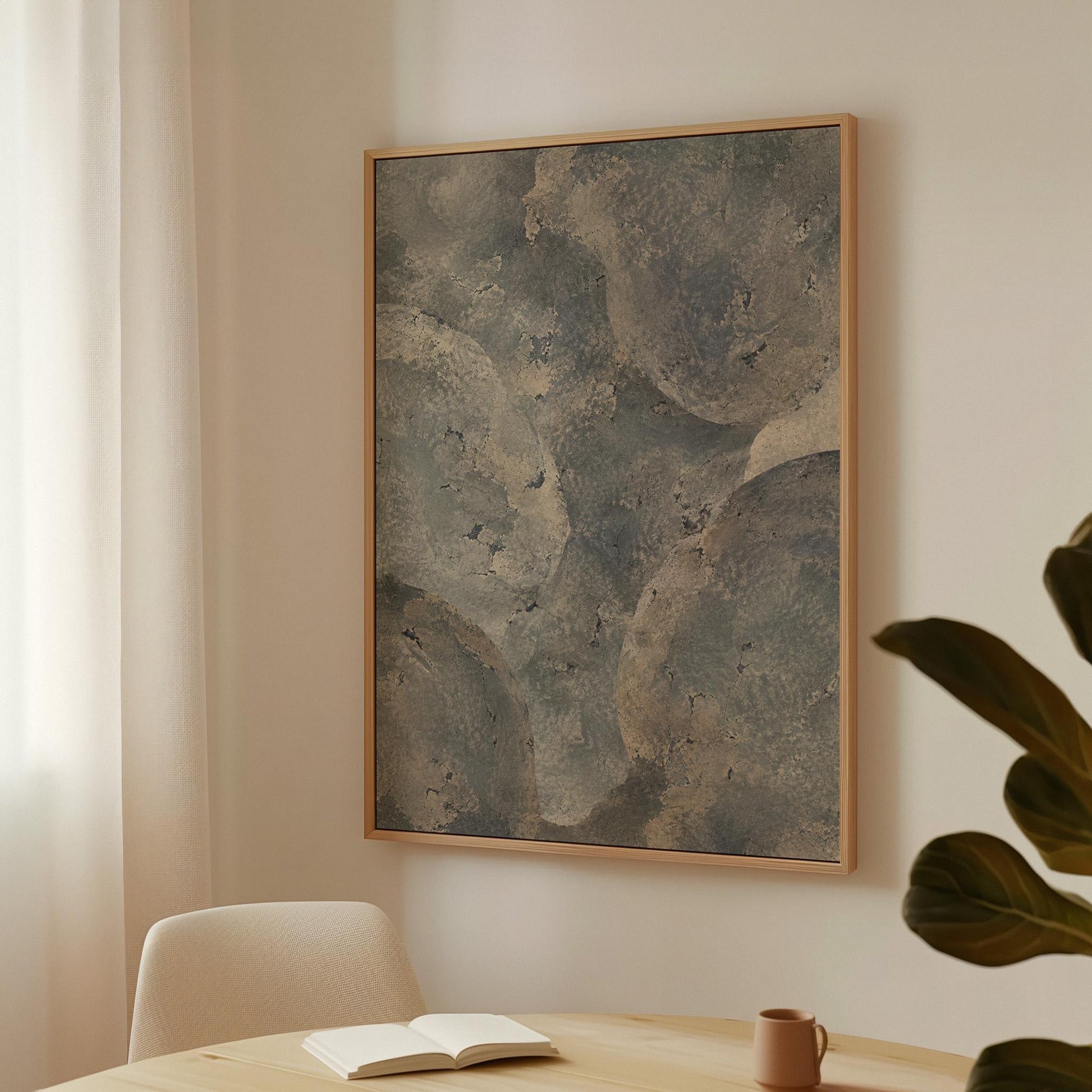 Layered misty gray cloud forms, canvas wall art hanging in a calm, modern living space