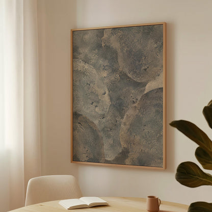Layered misty gray cloud forms, canvas wall art hanging in a calm, modern living space