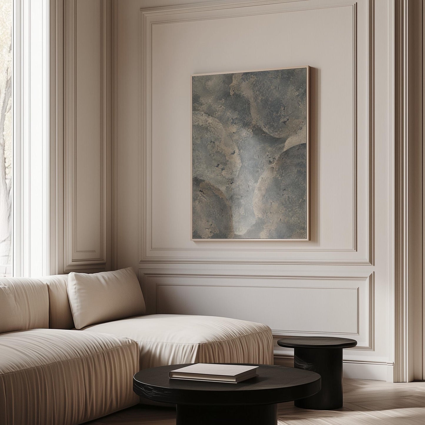 Layered misty gray cloud forms, canvas wall art seen in a warm interior with natural light