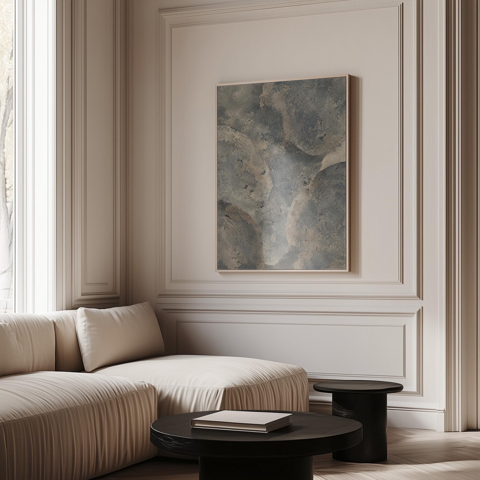 Layered misty gray cloud forms, canvas wall art seen in a warm interior with natural light