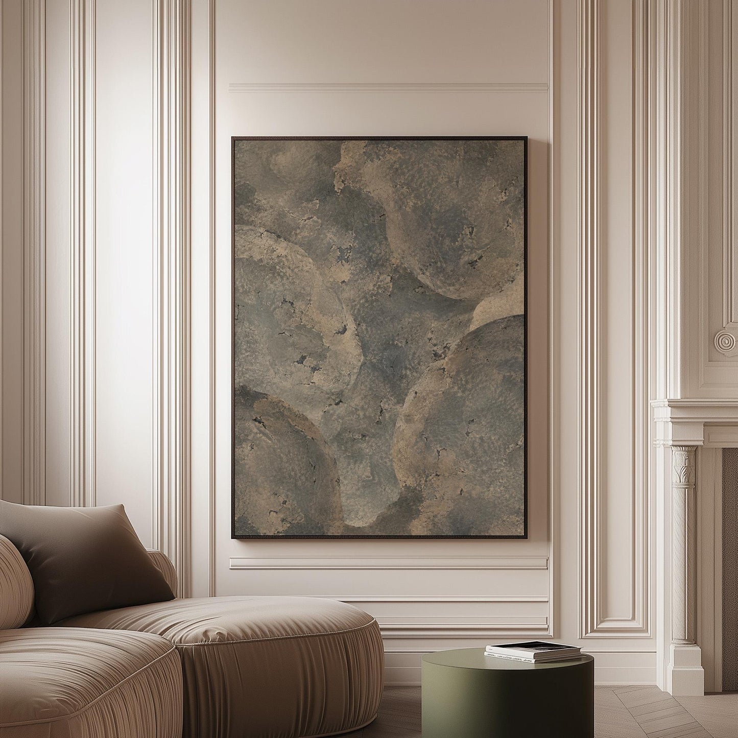Layered misty gray cloud forms, canvas print on a softly lit wall in a calm interior