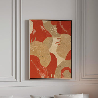 Interlocking terracotta and beige organic shapes, canvas print in a bright room with natural daylight
