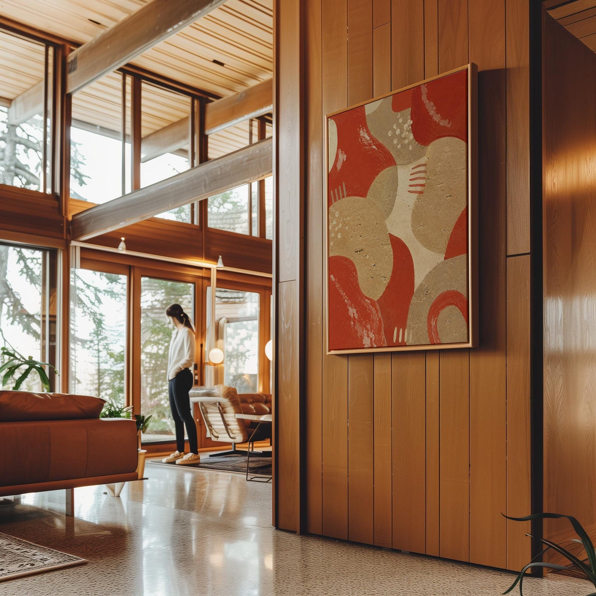 Interlocking terracotta and beige organic shapes, canvas print styled against a soft white wall