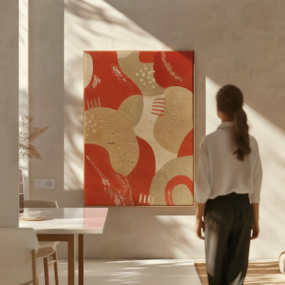 Interlocking terracotta and beige organic shapes, canvas print presented in a light, minimal room