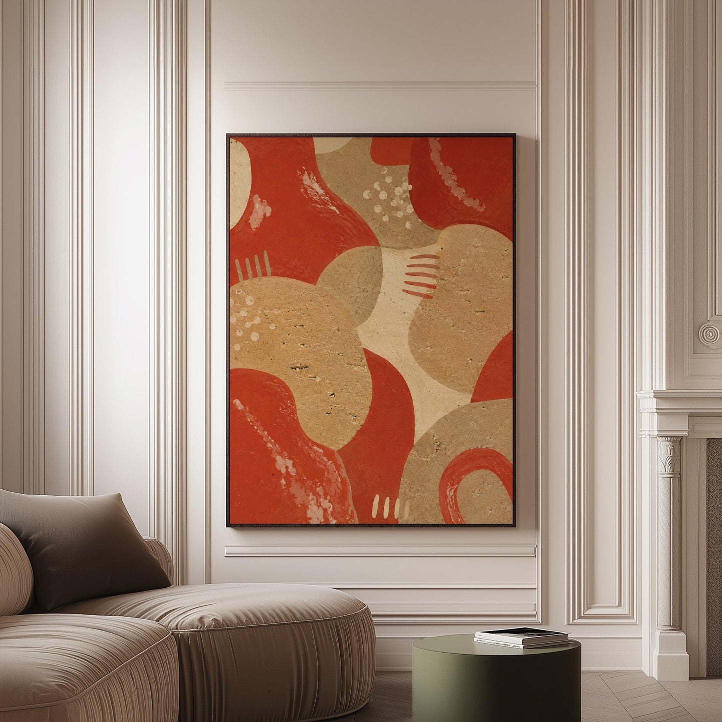 Interlocking terracotta and beige organic shapes, canvas print on a softly lit wall in a calm interior