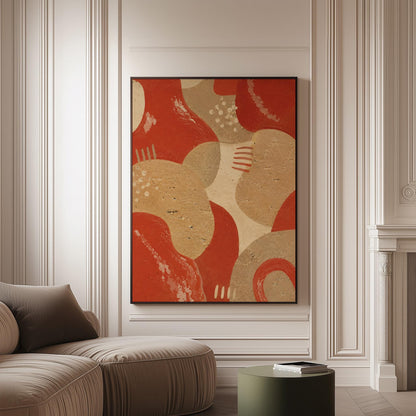 Interlocking terracotta and beige organic shapes, canvas print on a softly lit wall in a calm interior