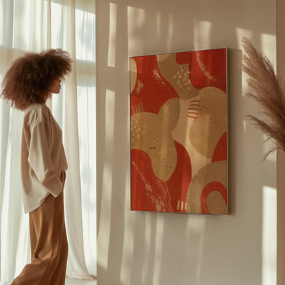 Interlocking terracotta and beige organic shapes, canvas wall art presented in a light, minimal room
