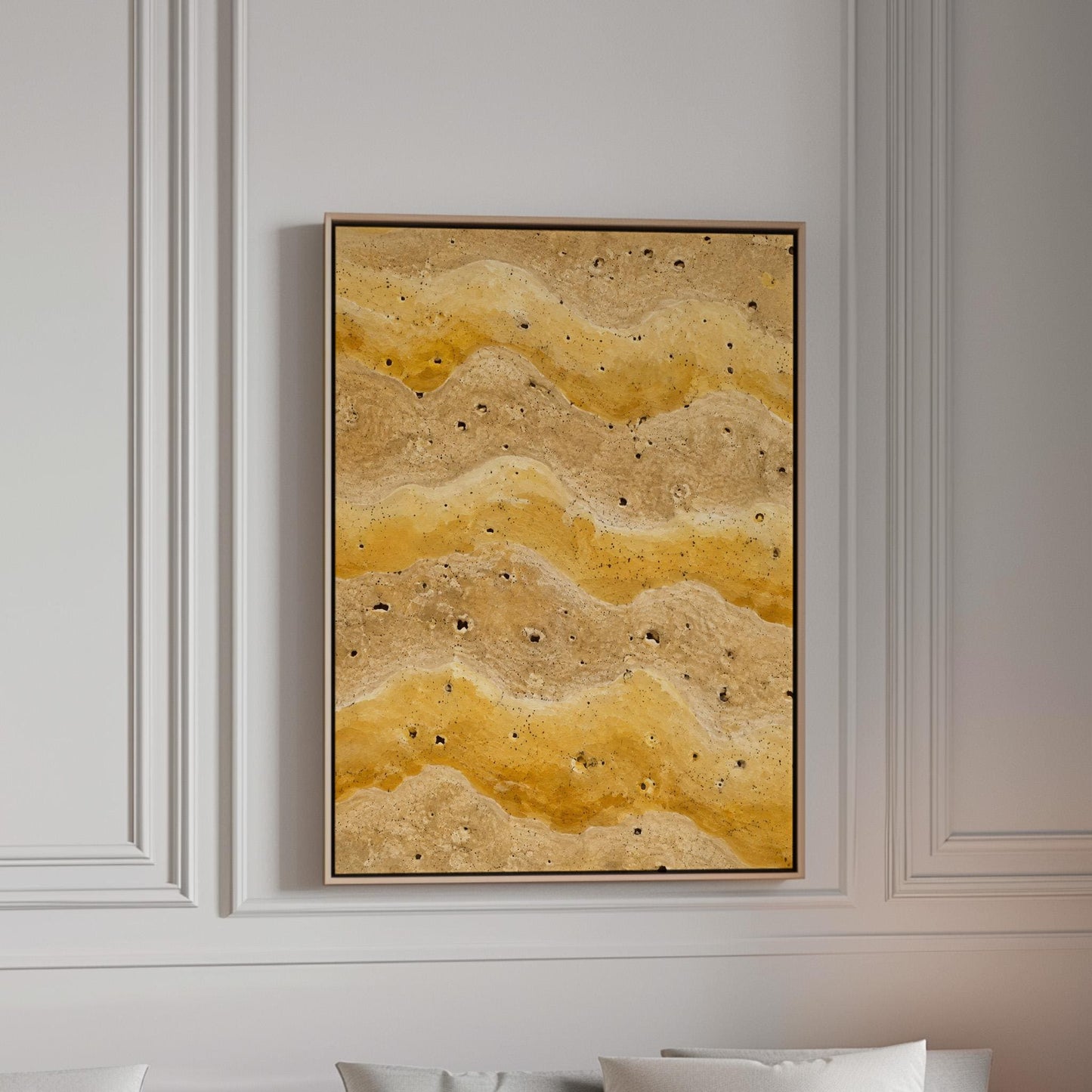 Flowing golden ochre wave layers, canvas print in a bright room with natural daylight