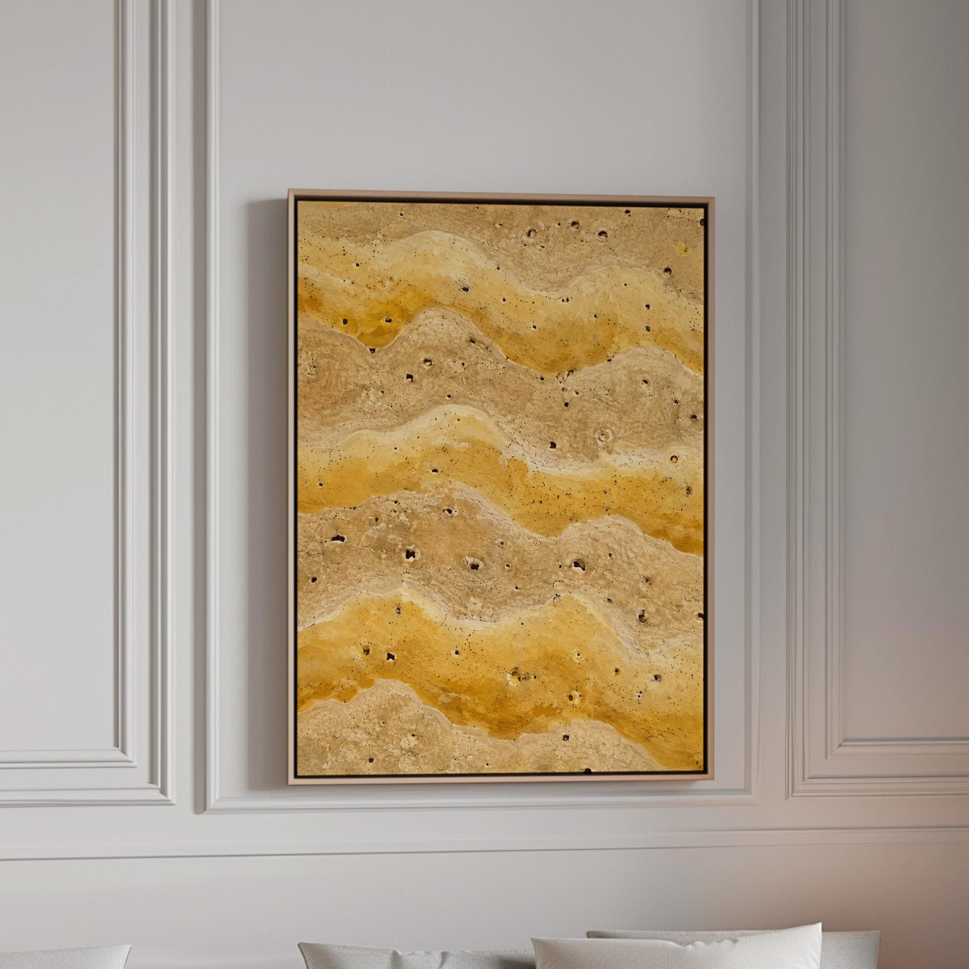 Flowing golden ochre wave layers, canvas print in a bright room with natural daylight