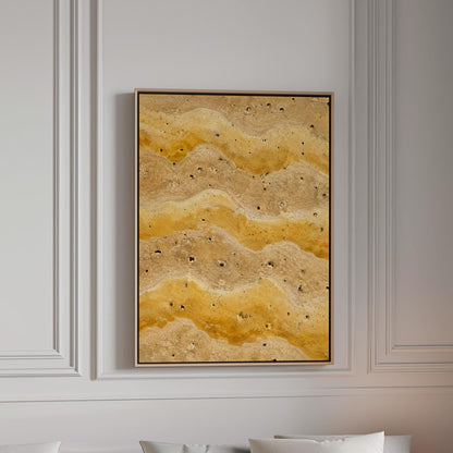 Flowing golden ochre wave layers, canvas print in a bright room with natural daylight