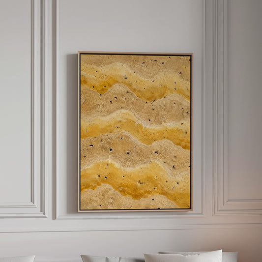 Flowing golden ochre wave layers, canvas print in a bright room with natural daylight
