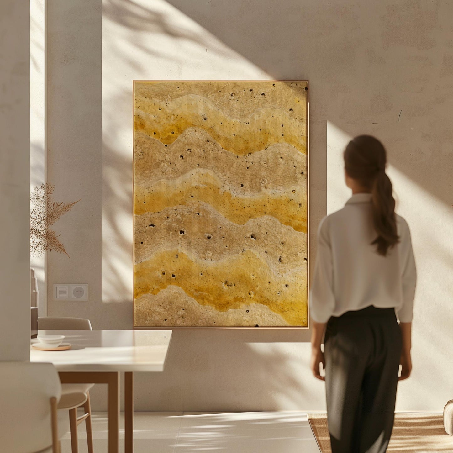 Flowing golden ochre wave layers, canvas print styled against a soft white wall