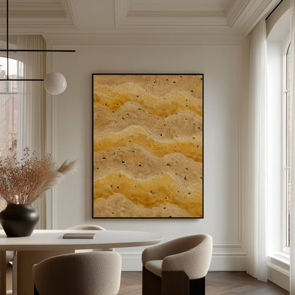 Flowing golden ochre wave layers, canvas print shown in a sunlit, contemporary room