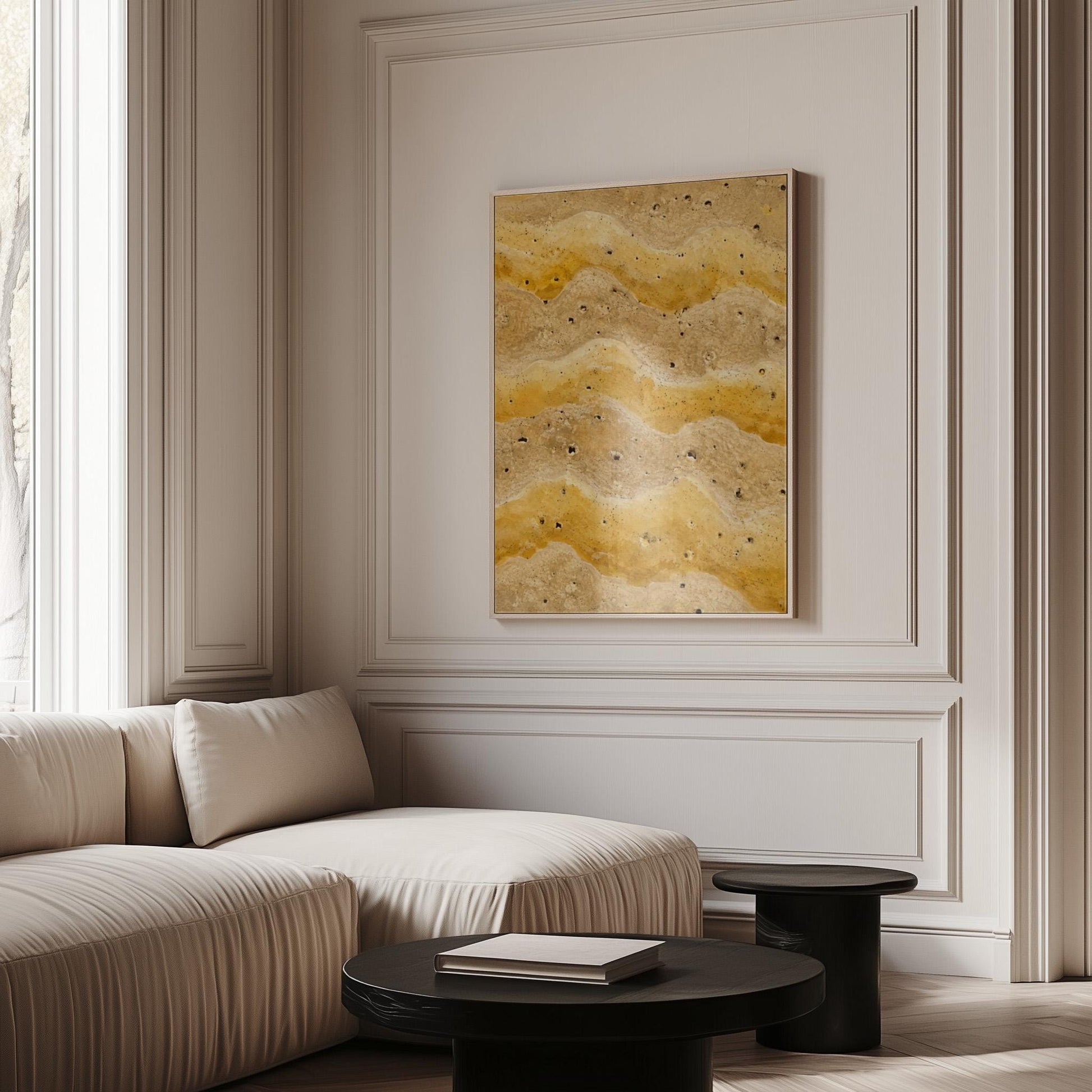 Flowing golden ochre wave layers, canvas wall art hanging in a calm, modern living space