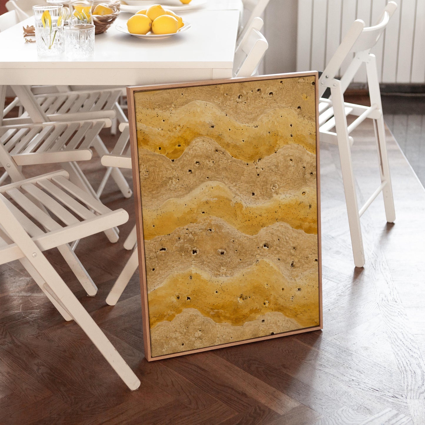 Flowing golden ochre wave layers, canvas wall art styled against a soft white wall
